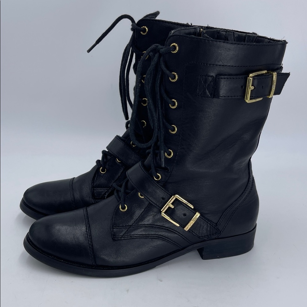 Arturo Chiang Black Leather Combat Boots with Gold Accents